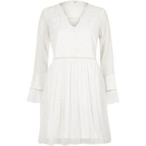 Ethereal River Island Bell Sleeve Embroidered Smock Dress white cream bridal